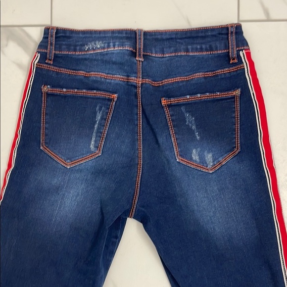Frank Lyman Skinny Jeans with Red Tuxedo Strip, Distressed. Size M - Picture 6 of 12